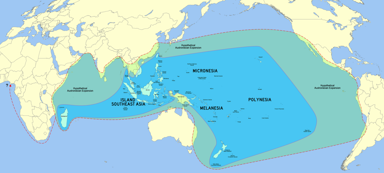 Peta keluasan maksimum hipotesis bahasa-bahasa Austronesia. Peta ini menunjukkan sebuah dunia bahasa, bukannya sempadan ras tulen. Bahasa Melayu, Jawa, Tagalog, Māori dan Malagasy boleh bertemu pada pohon bahasa yang sama tanpa semua penuturnya memiliki keturunan genetik yang serupa.